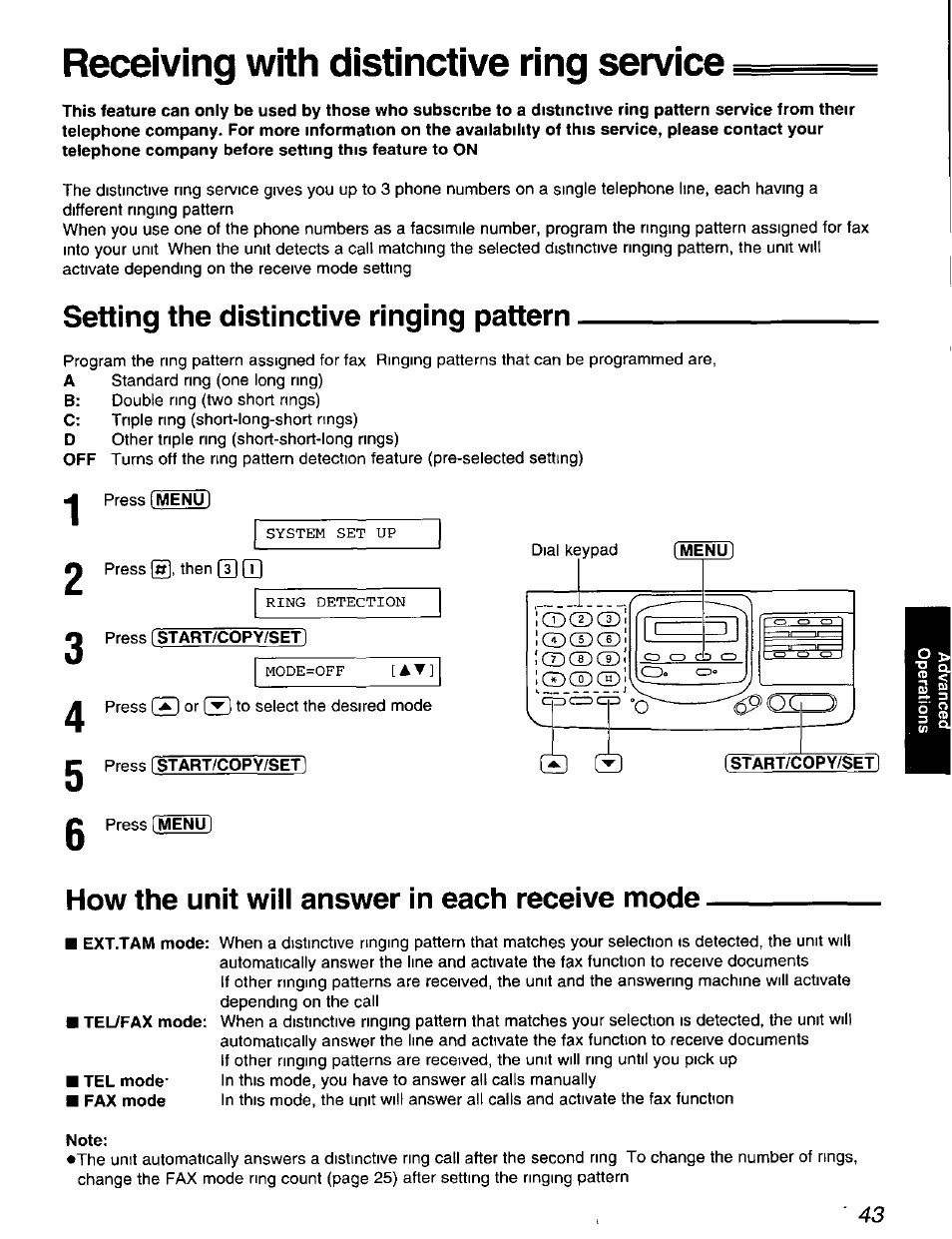 Receiving with distinctive ring service, Setting the distinctive ringing pattern, Press [menu | Press [start/copy/set, Press [ start/copy/set 1 press [menu, How the unit will answer in each receive mode | Panasonic KX-F900 User Manual | Page 43 / 72