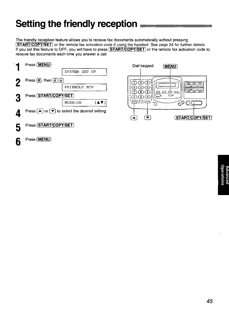 Setting the friendly reception, Press istart/copy/set | Panasonic KX-F900 User Manual | Page 45 / 72