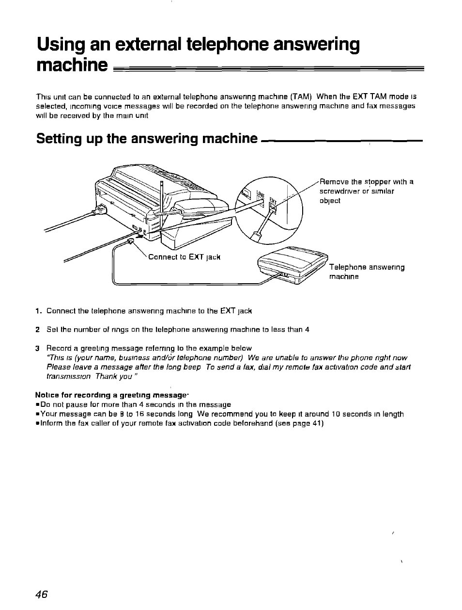 Using an external telephone answering machine, Setting up the answering machine | Panasonic KX-F900 User Manual | Page 46 / 72