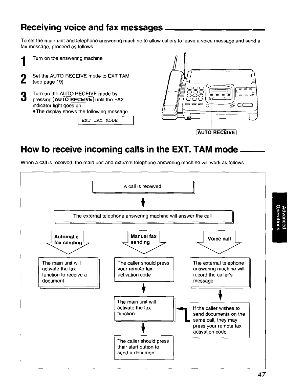 Receiving voice and fax messages, How to receive incoming calls in the ext. tam mode | Panasonic KX-F900 User Manual | Page 47 / 72