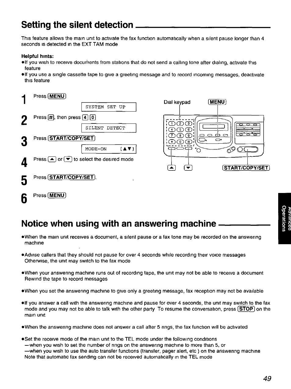 Setting the silent detection, Helpful hints, Press [starf/copy/set | Notice when using with an answering machine | Panasonic KX-F900 User Manual | Page 49 / 72