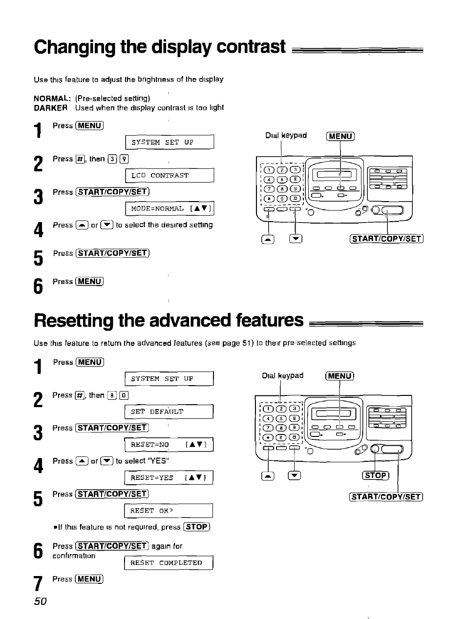 Changing the display contrast, Resetting the advanced features | Panasonic KX-F900 User Manual | Page 50 / 72