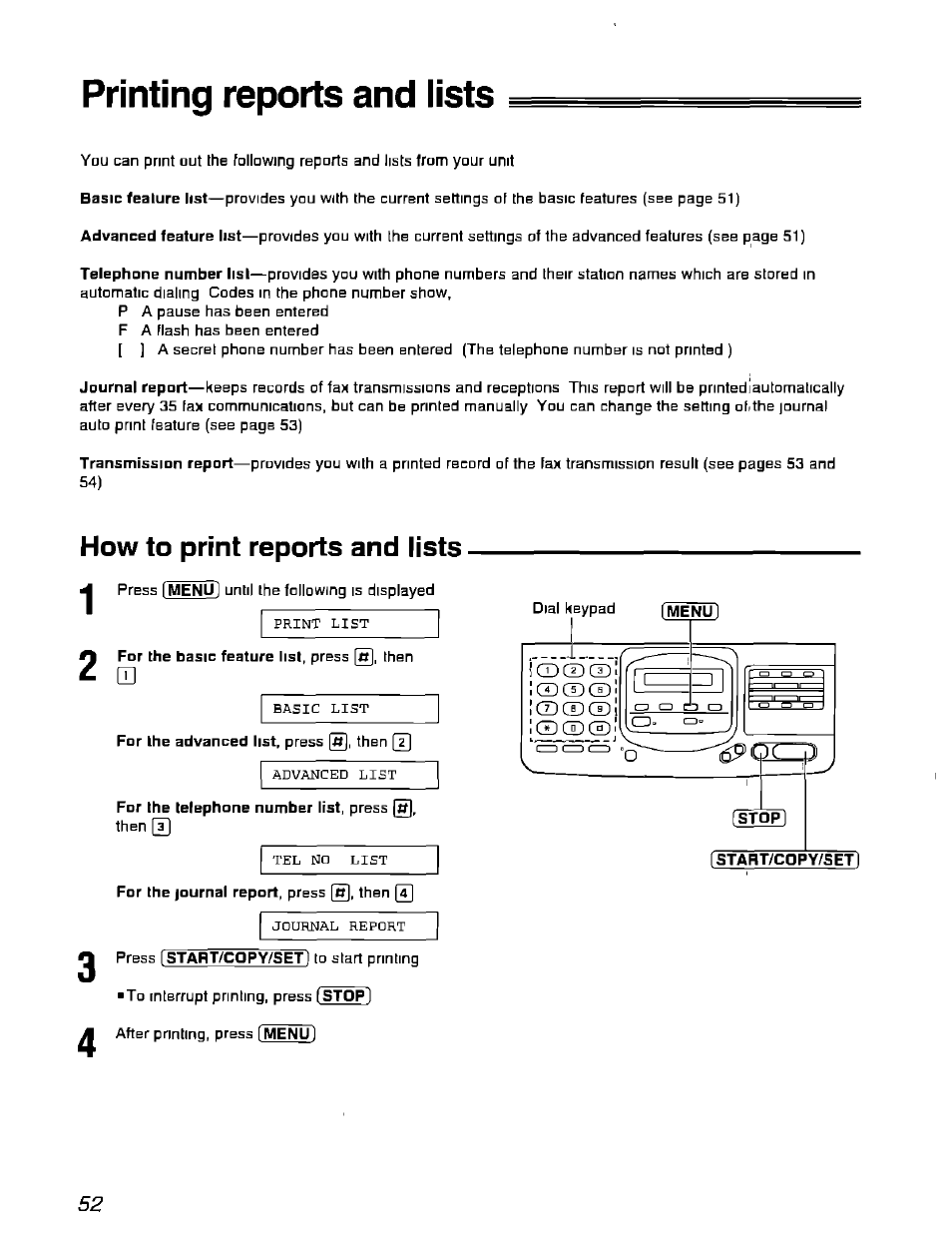 Printing reports and lists, How to print reports and lists | Panasonic KX-F900 User Manual | Page 52 / 72