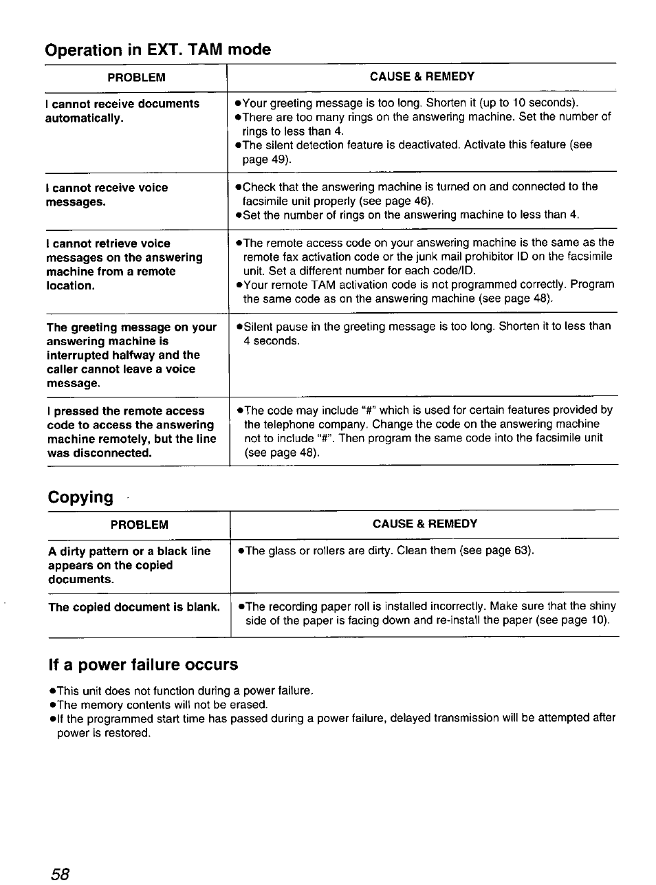 If a power failure occurs, Operation in ext. tam mode, Copying | Panasonic KX-F900 User Manual | Page 58 / 72