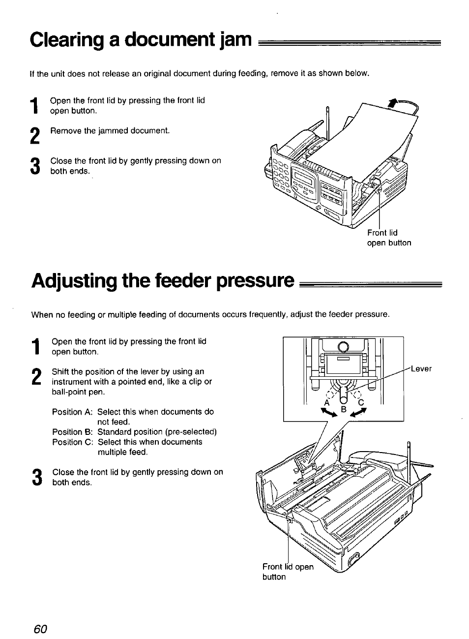 Clearing a document jam, Adjusting the feeder pressure | Panasonic KX-F900 User Manual | Page 60 / 72