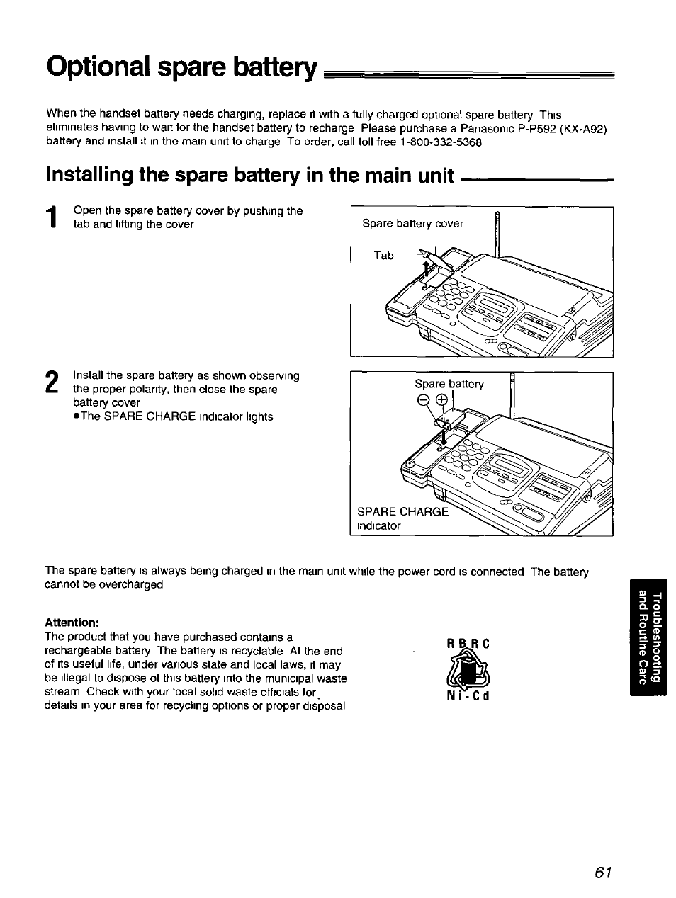 Optional spare battery, Installing the spare battery in the main unit, Attention | Panasonic KX-F900 User Manual | Page 61 / 72