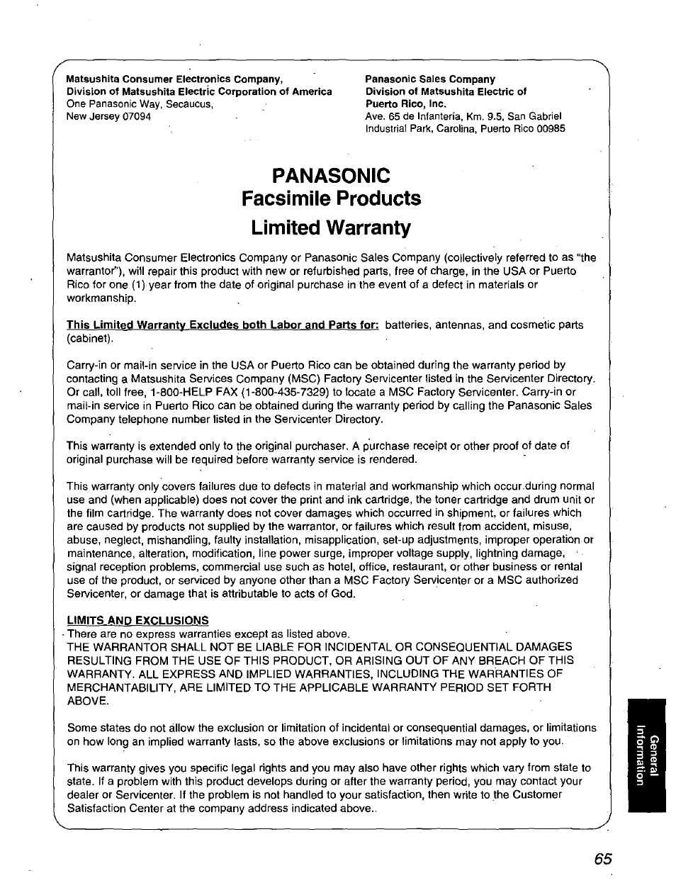 Panasonic facsimile products, Limited warranty, Limits and exclusions | Panasonic facsimile products limited warranty | Panasonic KX-F900 User Manual | Page 65 / 72