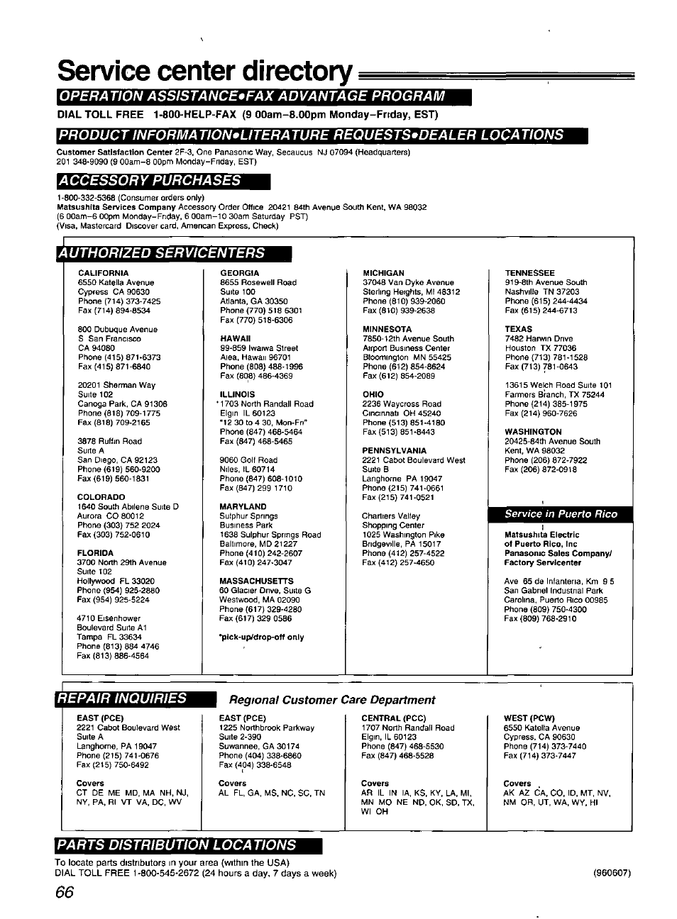 Service center directory, Opera tion assistance*fax advantage program, Accessory purchases | Authorized servicenters, Repair inquiries, Parts distribution locations, Regional customer care department | Panasonic KX-F900 User Manual | Page 66 / 72
