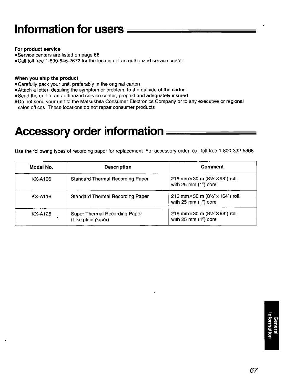 Information for users, For product service, When you ship the product | Accessory order information | Panasonic KX-F900 User Manual | Page 67 / 72