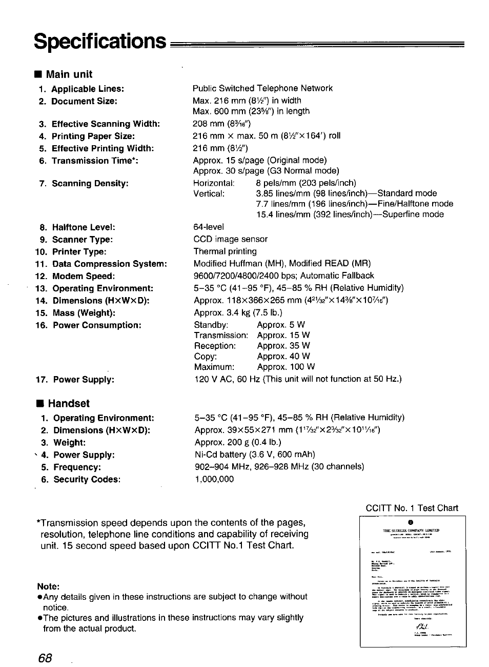 Specifications, Note | Panasonic KX-F900 User Manual | Page 68 / 72