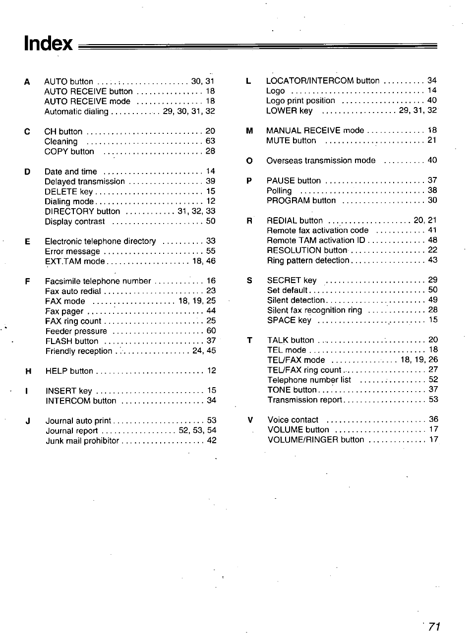 Index | Panasonic KX-F900 User Manual | Page 71 / 72