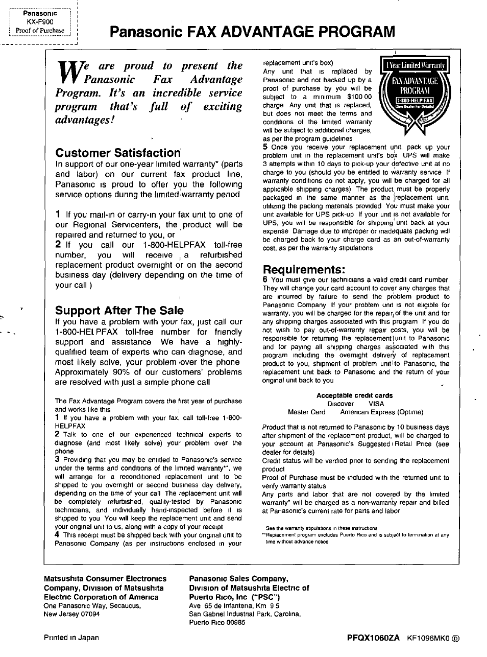 Panasonic fax advantage program, Customer satisfaction, Support after the sale | Requirements | Panasonic KX-F900 User Manual | Page 72 / 72