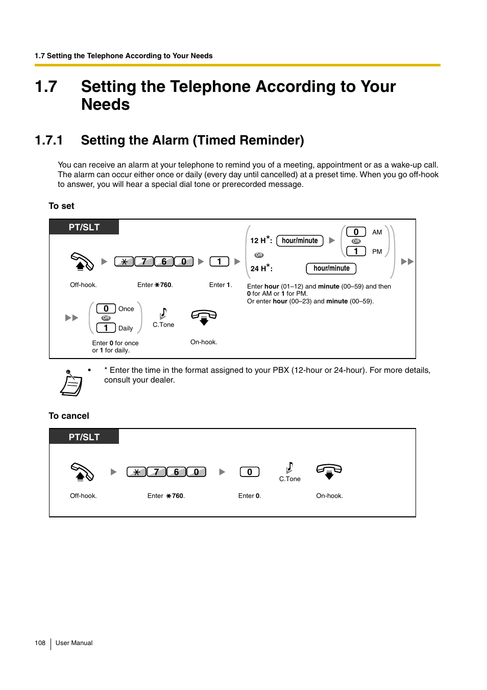 7 setting the telephone according to your needs, 1 setting the alarm (timed reminder) | Panasonic KX-TDA15 User Manual | Page 108 / 224