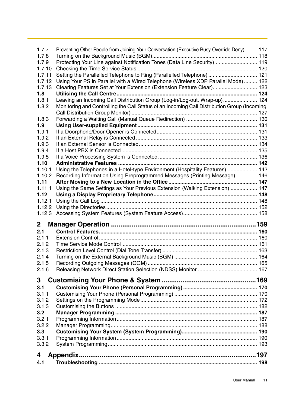 2 manager operation 159, 3 customising your phone & system 169, 4 appendix 197 | 2manager operation, 3customising your phone & system, 4appendix | Panasonic KX-TDA15 User Manual | Page 11 / 224