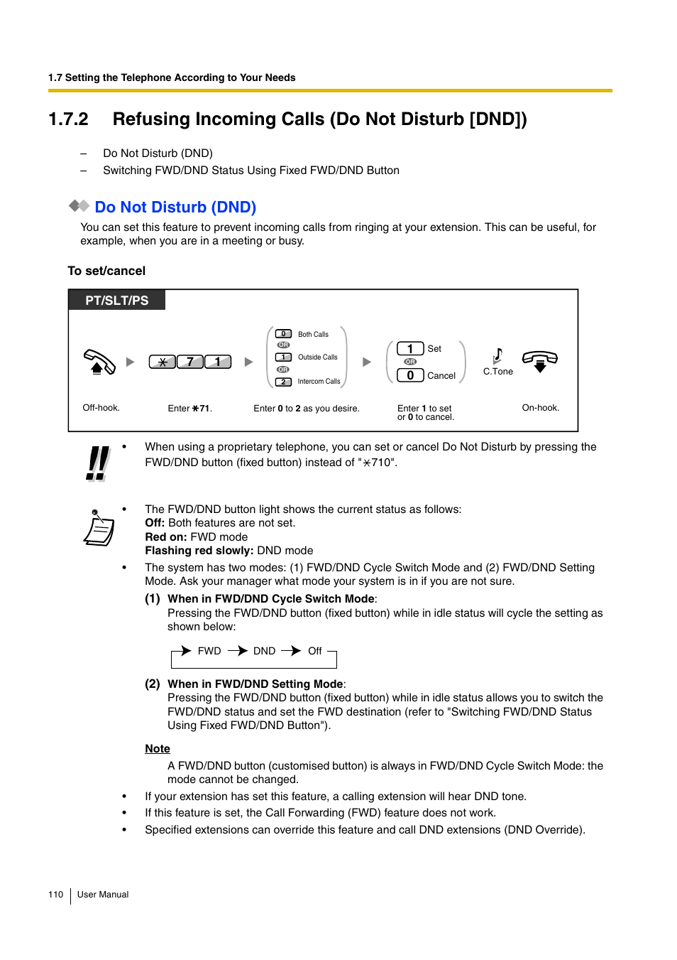 2 refusing incoming calls (do not disturb [dnd]), Do not disturb (dnd), Pt/slt/ps | Panasonic KX-TDA15 User Manual | Page 110 / 224