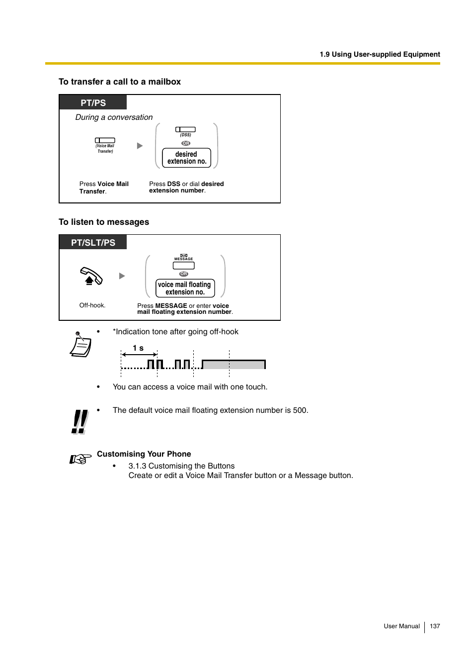 To transfer a call to a mailbox, To listen to messages, Pt/ps | Pt/slt/ps | Panasonic KX-TDA15 User Manual | Page 137 / 224