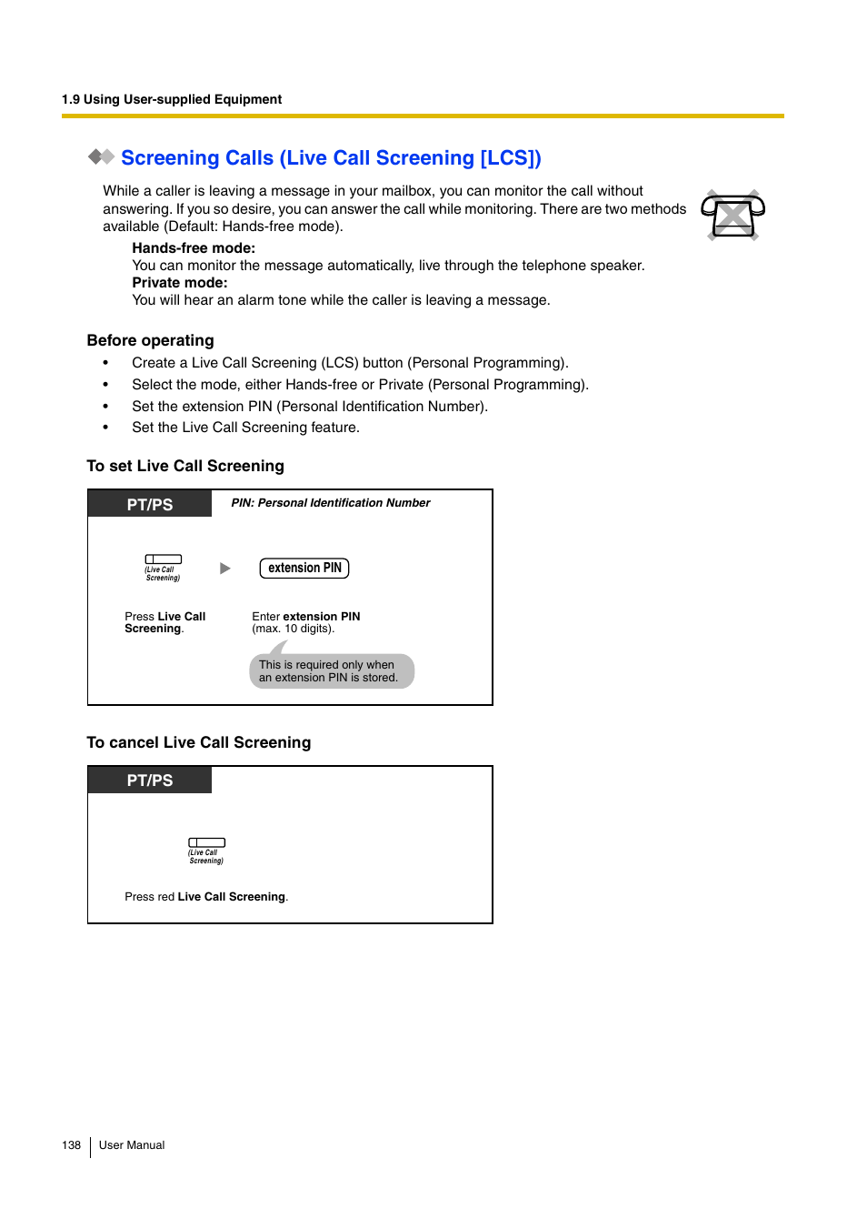 Screening calls (live call screening [lcs]), Pt/ps | Panasonic KX-TDA15 User Manual | Page 138 / 224