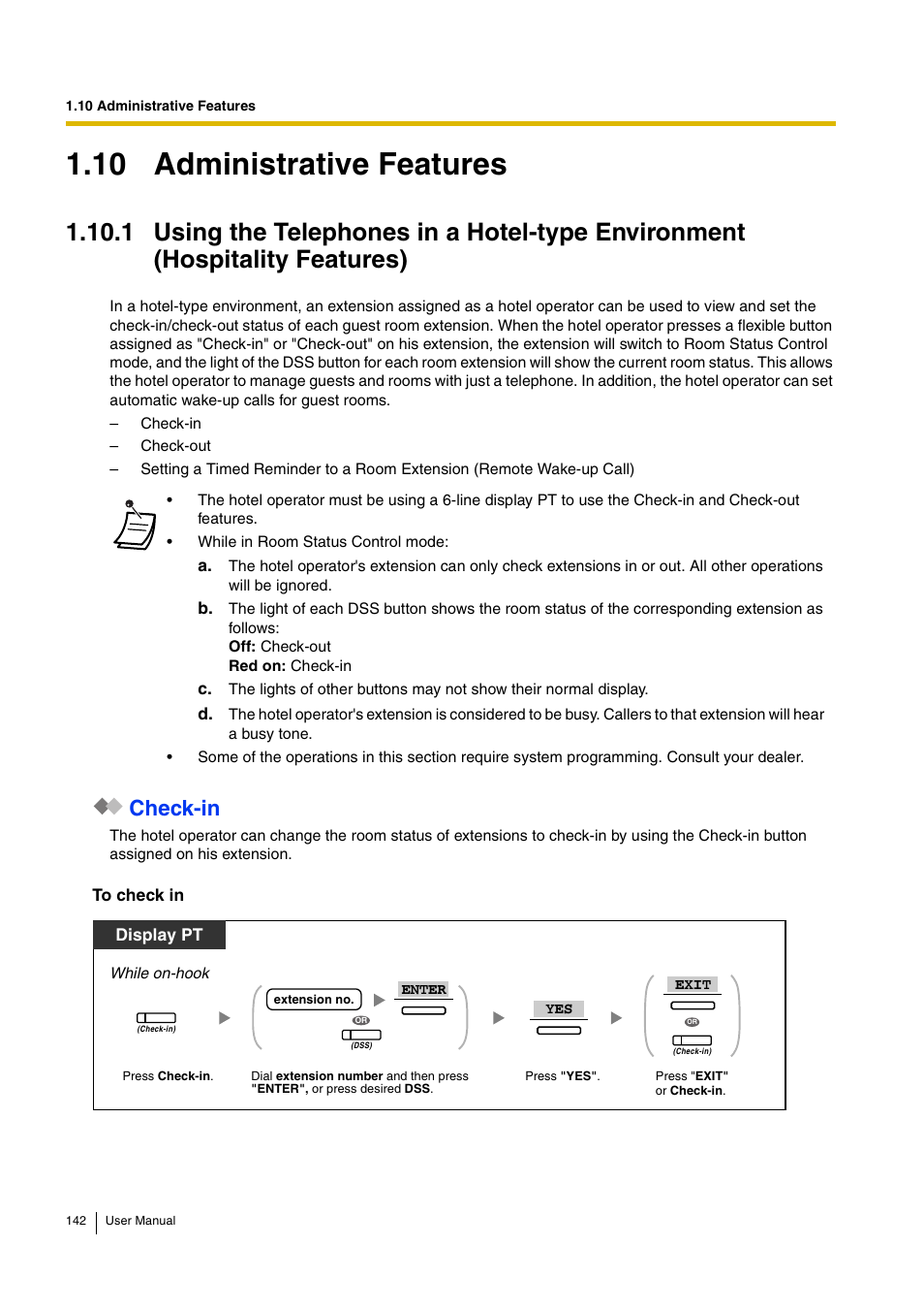 10 administrative features, Check-in, Display pt | Panasonic KX-TDA15 User Manual | Page 142 / 224