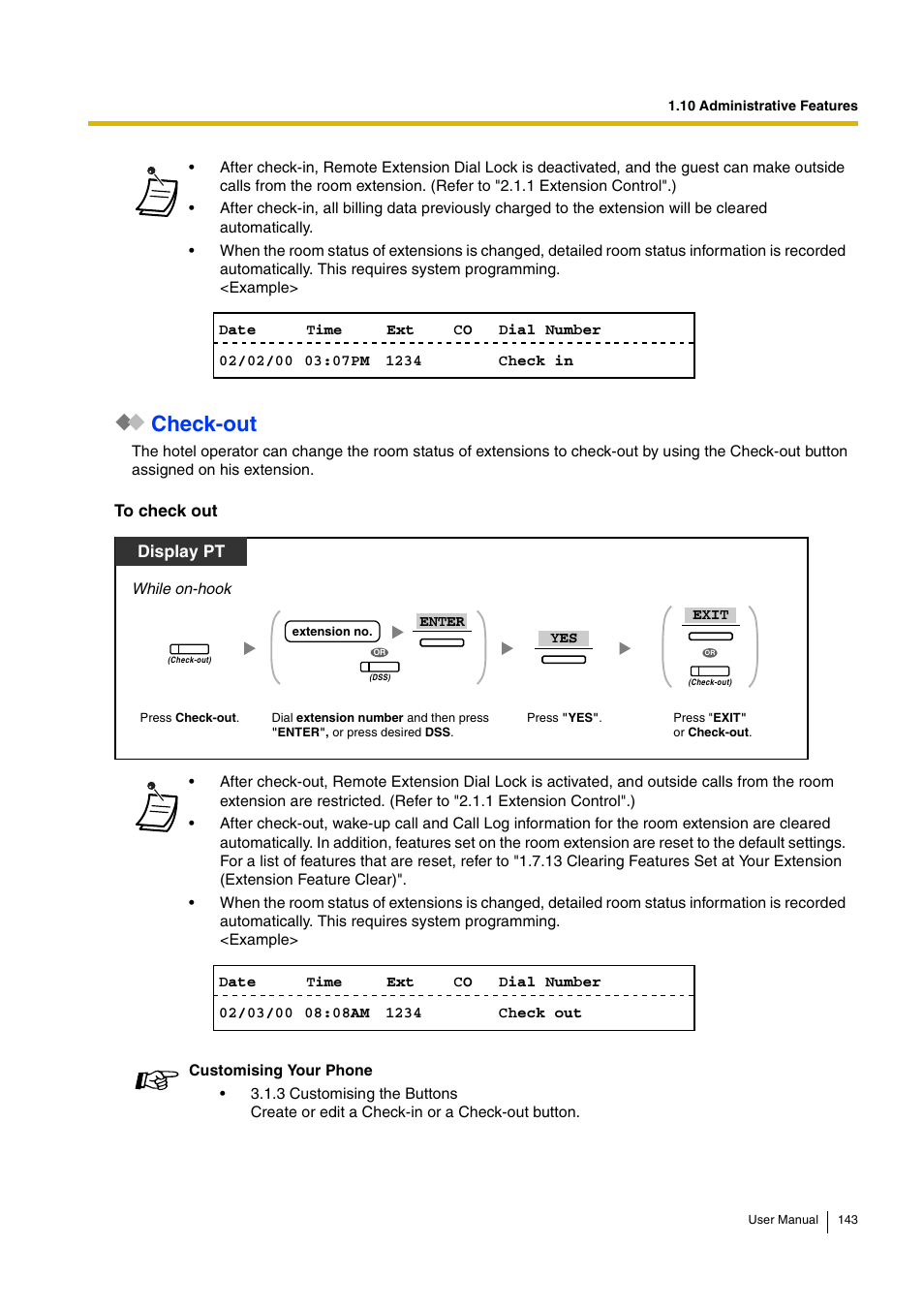 Check-out, Display pt | Panasonic KX-TDA15 User Manual | Page 143 / 224