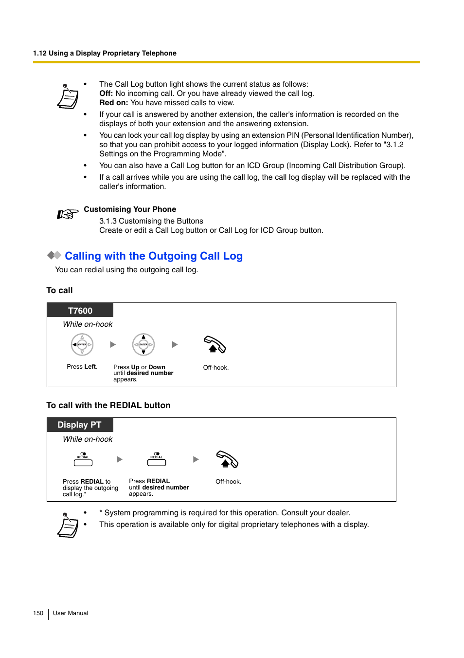 Calling with the outgoing call log, T7600, Display pt | Panasonic KX-TDA15 User Manual | Page 150 / 224