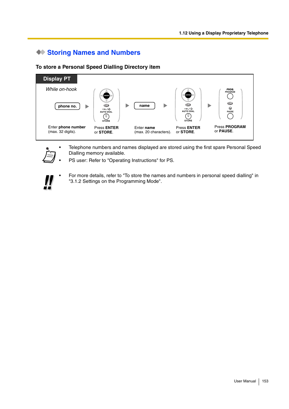 Storing names and numbers, Display pt, While on-hook | Panasonic KX-TDA15 User Manual | Page 153 / 224