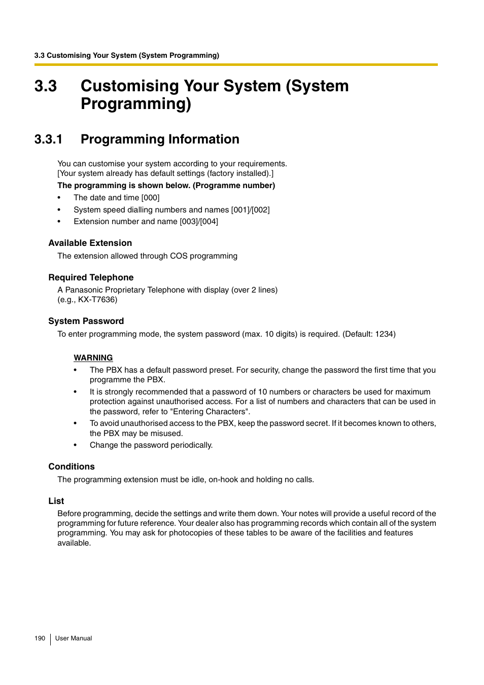 3 customising your system (system programming), 1 programming information | Panasonic KX-TDA15 User Manual | Page 190 / 224