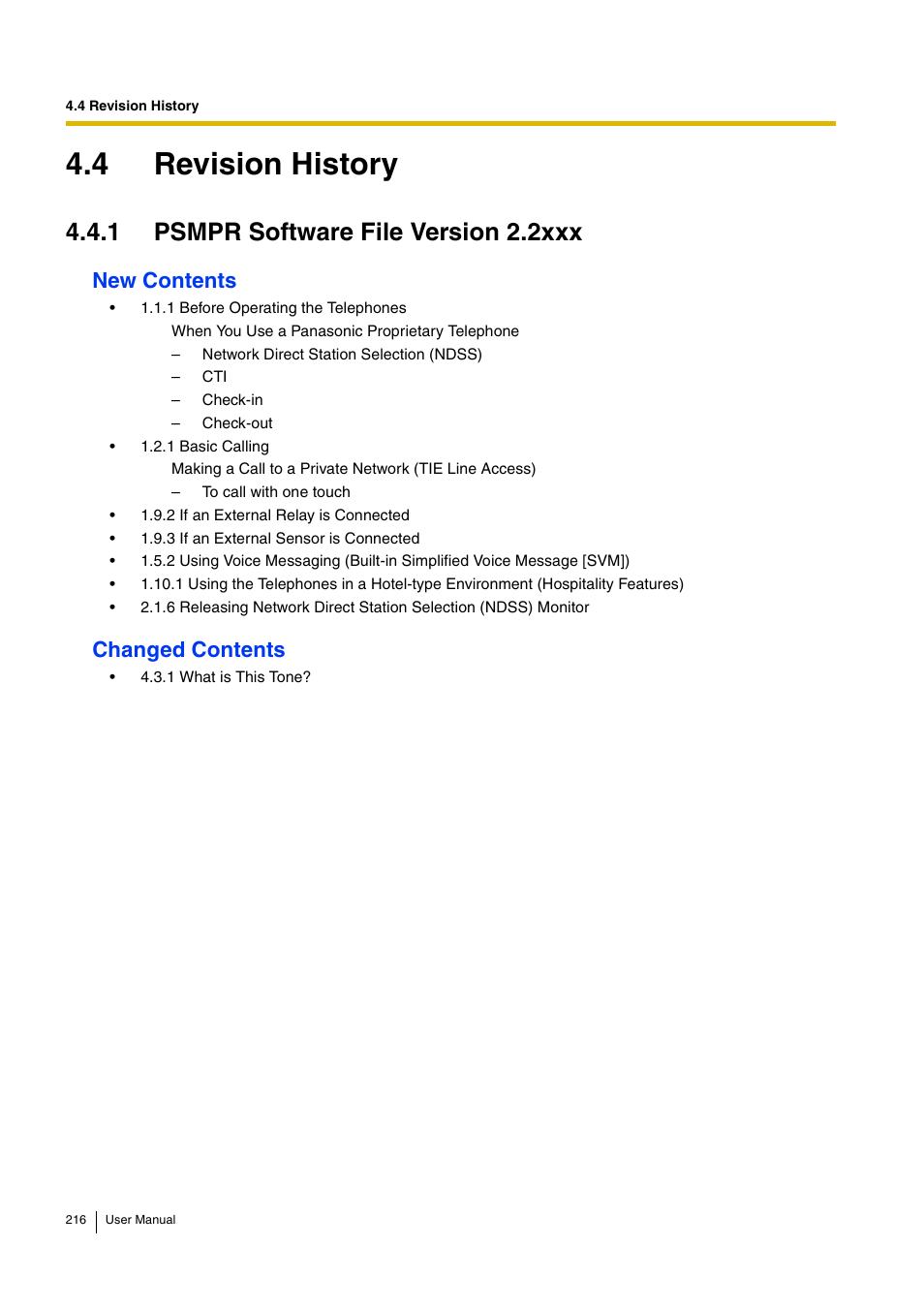 4 revision history, 1 psmpr software file version 2.2xxx, New contents | Changed contents | Panasonic KX-TDA15 User Manual | Page 216 / 224