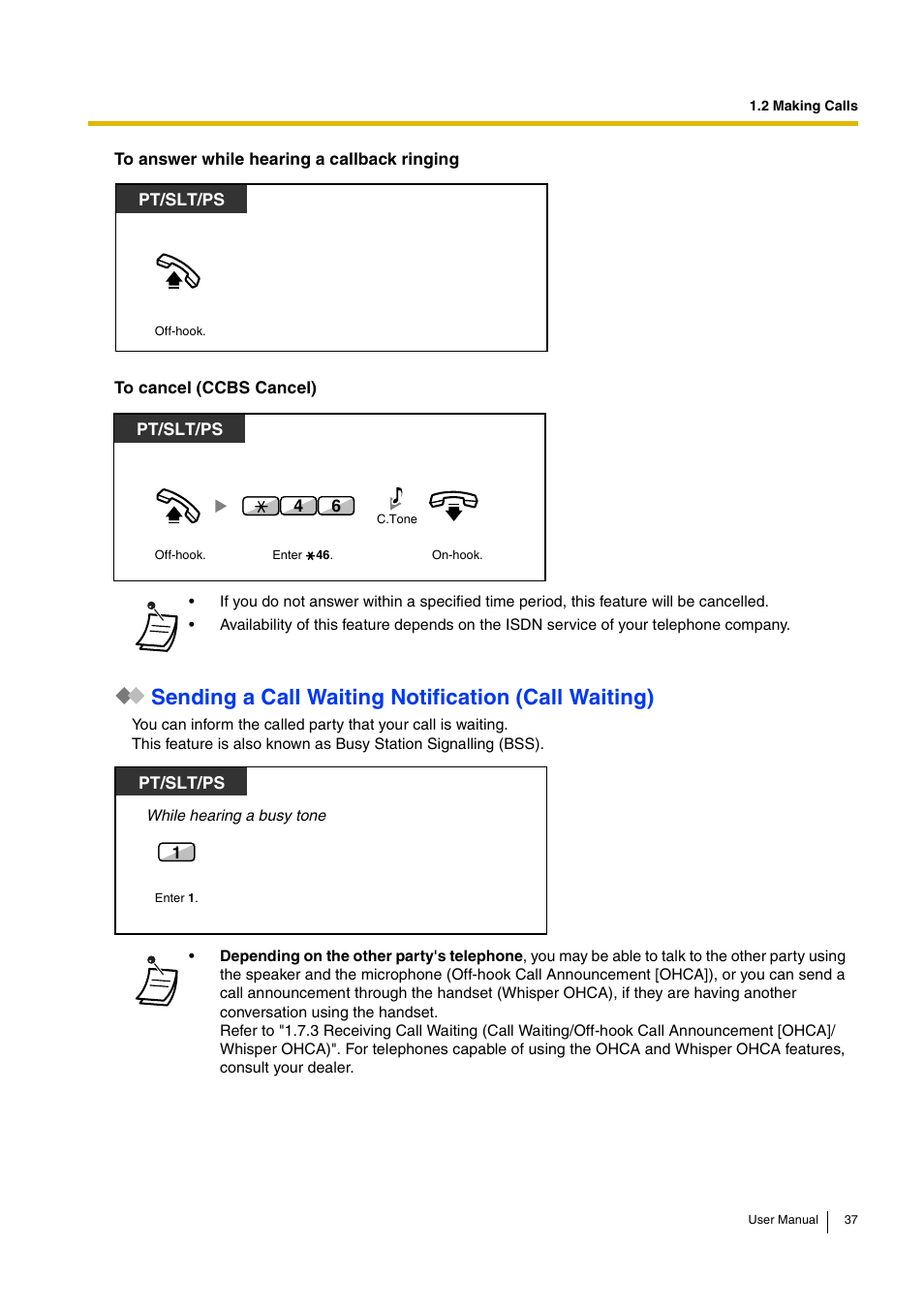 Sending a call waiting notification (call waiting) | Panasonic KX-TDA15 User Manual | Page 37 / 224