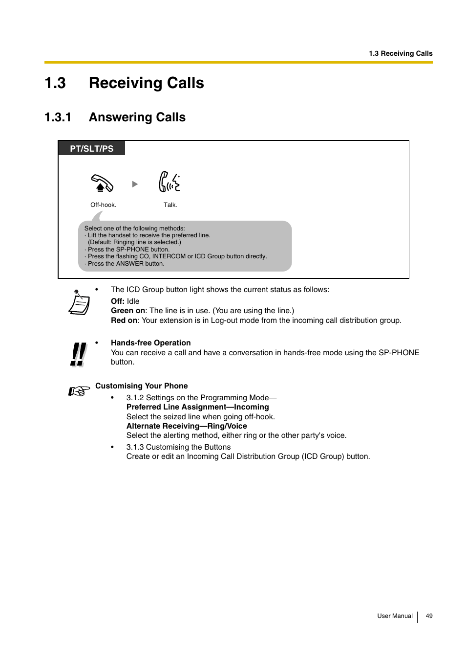 3 receiving calls, 1 answering calls | Panasonic KX-TDA15 User Manual | Page 49 / 224