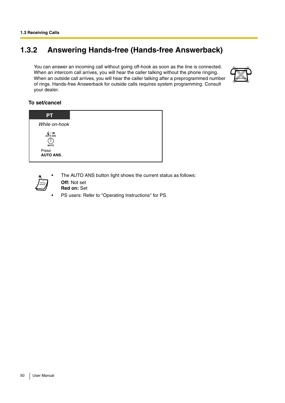 2 answering hands-free (hands-free answerback) | Panasonic KX-TDA15 User Manual | Page 50 / 224