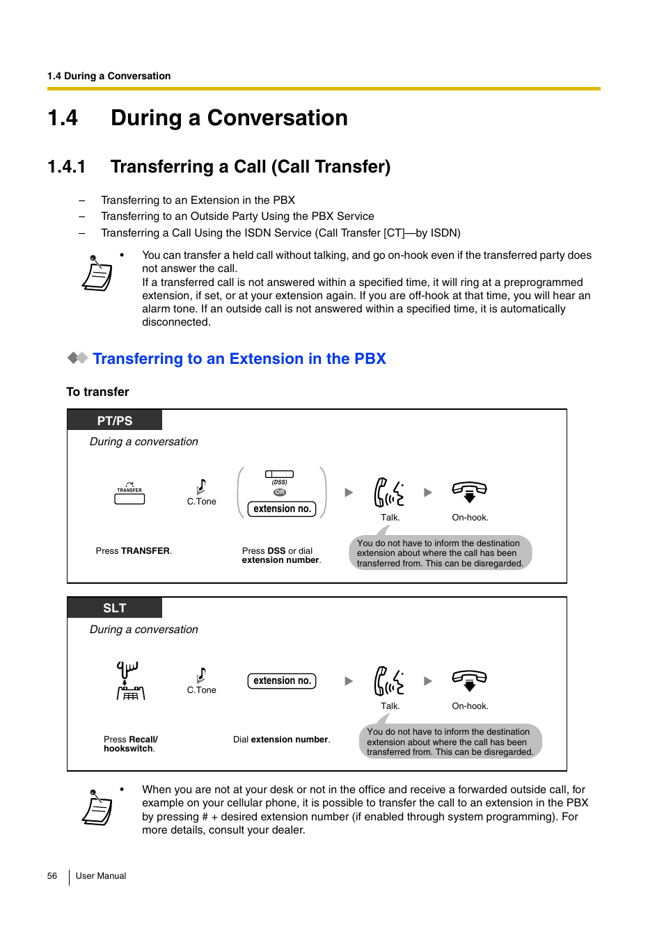 4 during a conversation, 1 transferring a call (call transfer), Transferring to an extension in the pbx | Pt/ps | Panasonic KX-TDA15 User Manual | Page 56 / 224