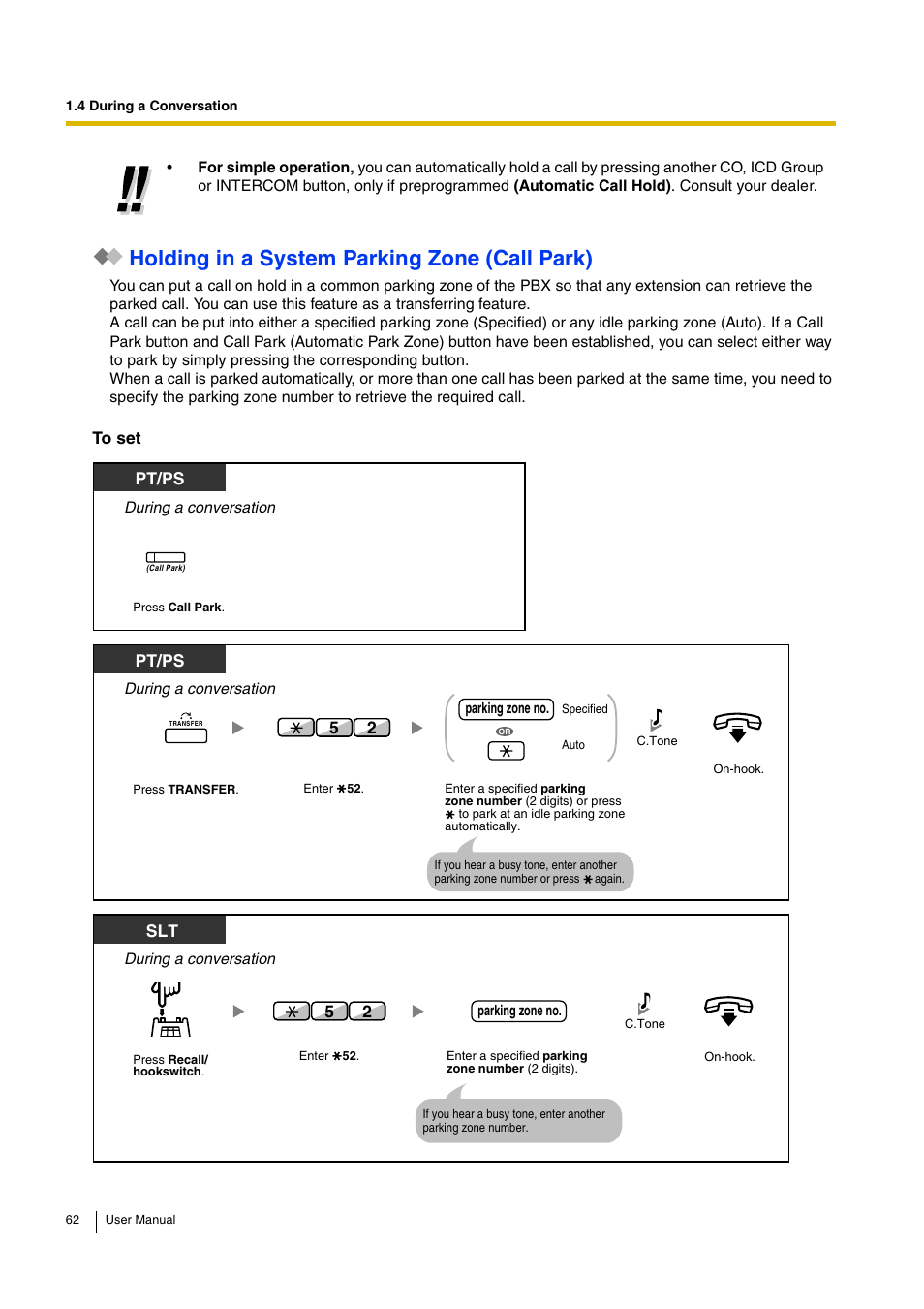 Holding in a system parking zone (call park), Pt/ps | Panasonic KX-TDA15 User Manual | Page 62 / 224