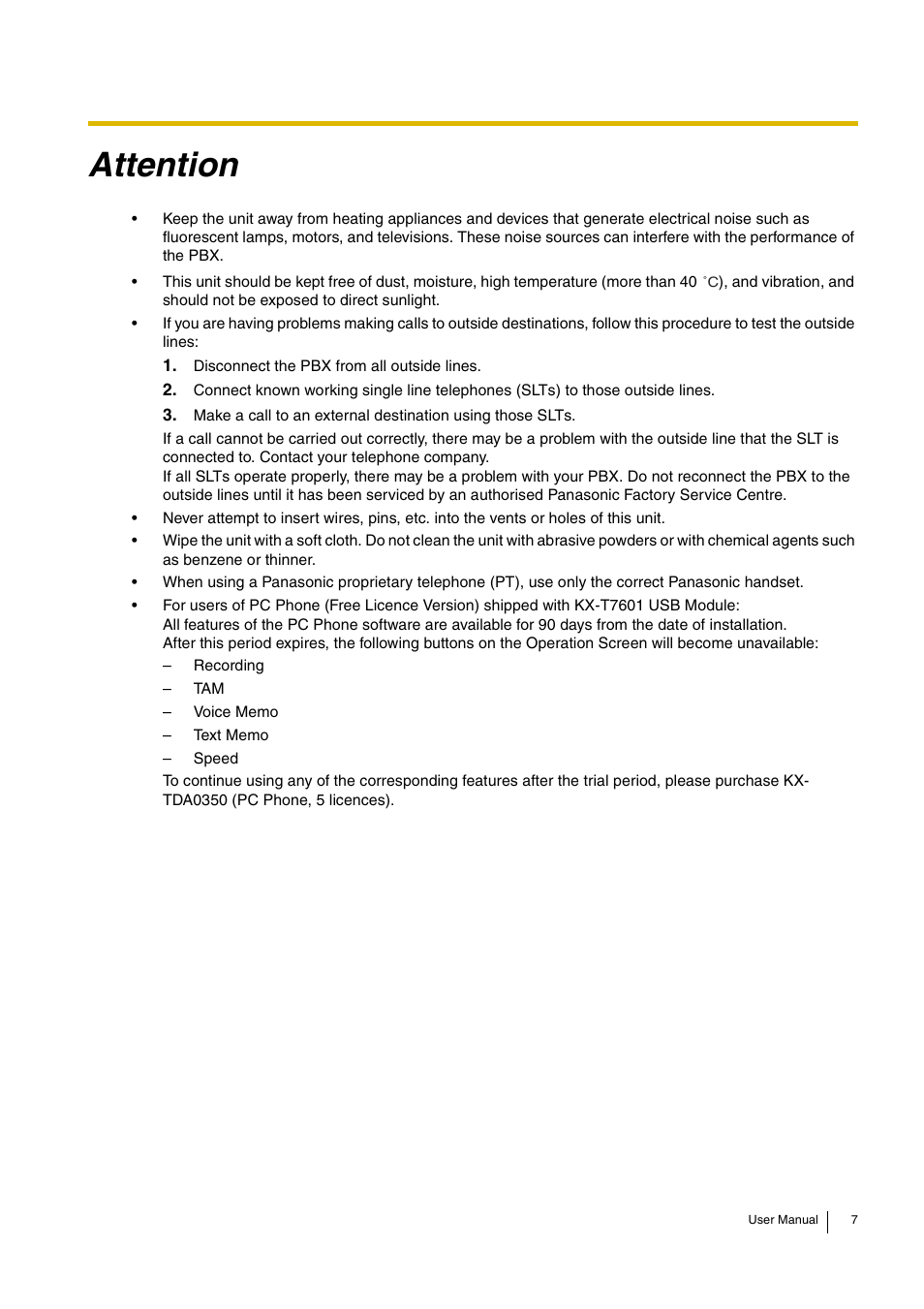 Attention | Panasonic KX-TDA15 User Manual | Page 7 / 224