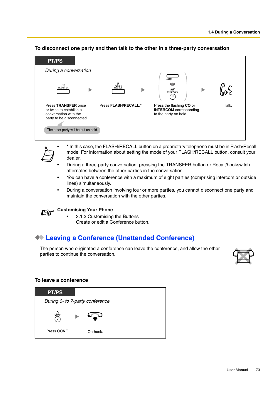 Leaving a conference (unattended conference), Pt/ps | Panasonic KX-TDA15 User Manual | Page 73 / 224