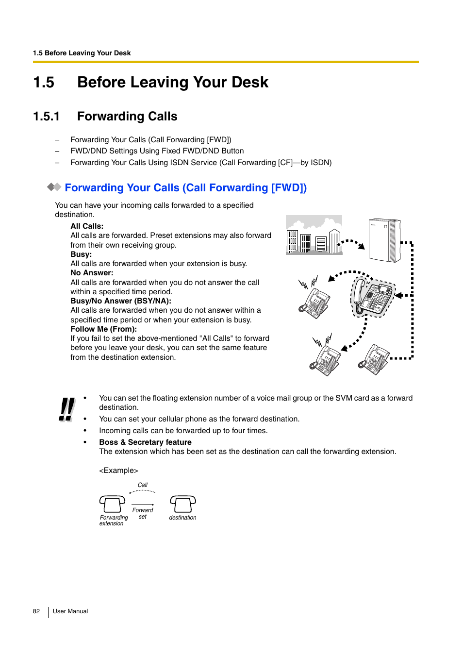 5 before leaving your desk, 1 forwarding calls, Forwarding your calls (call forwarding [fwd]) | Panasonic KX-TDA15 User Manual | Page 82 / 224