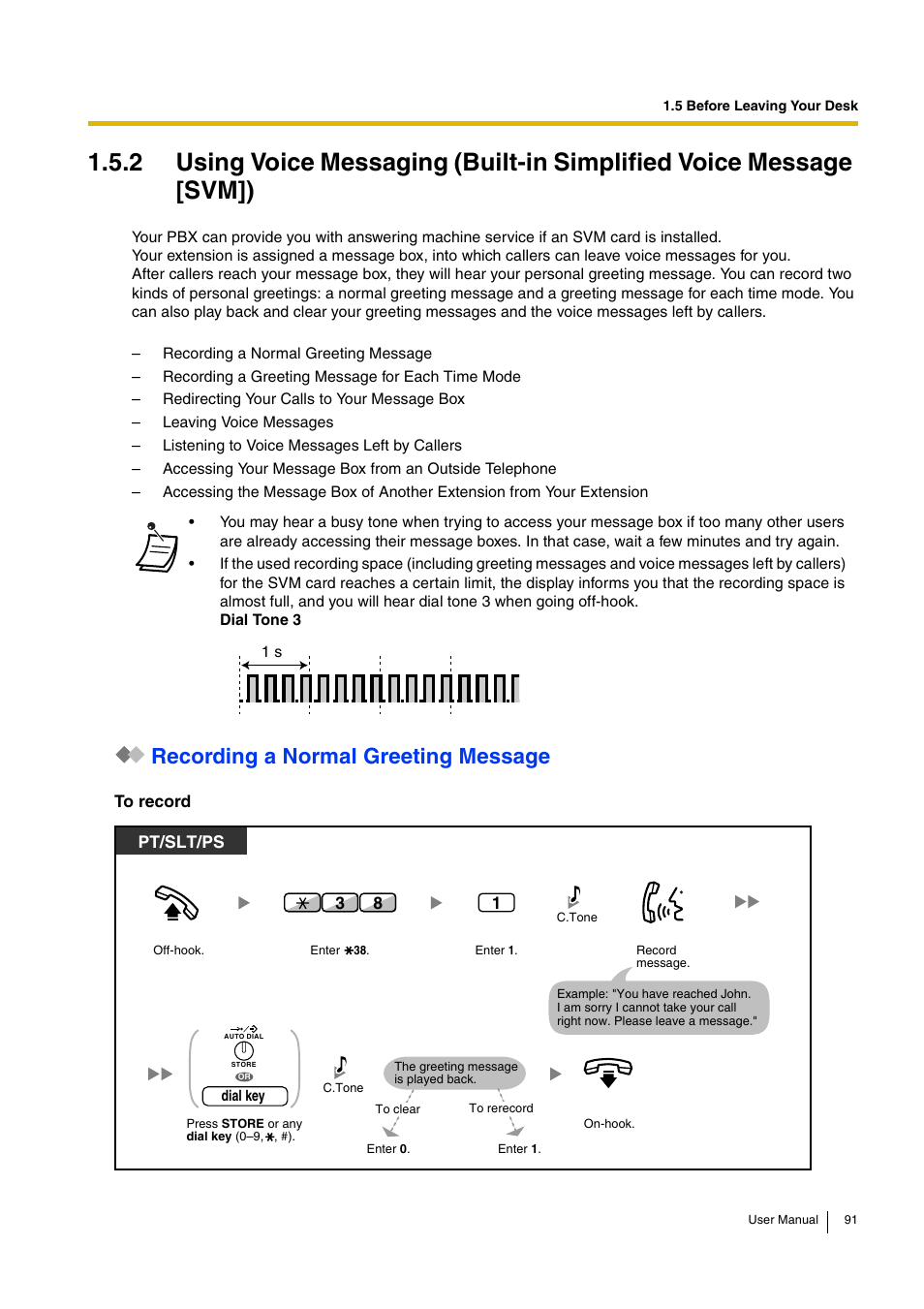 Recording a normal greeting message, Pt/slt/ps | Panasonic KX-TDA15 User Manual | Page 91 / 224