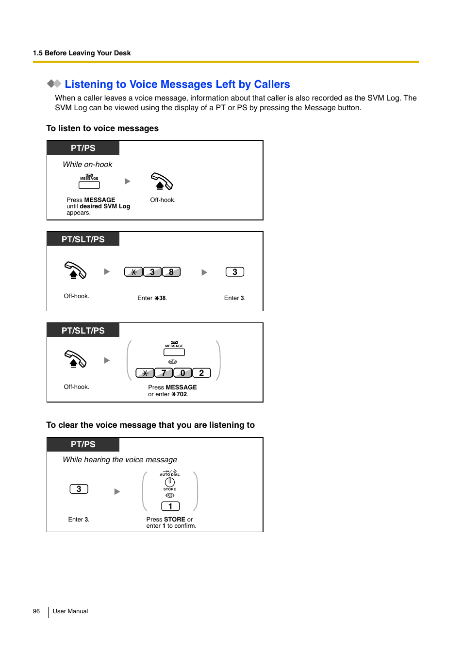 Listening to voice messages left by callers, Pt/ps, Pt/slt/ps | 70 pt/ps | Panasonic KX-TDA15 User Manual | Page 96 / 224