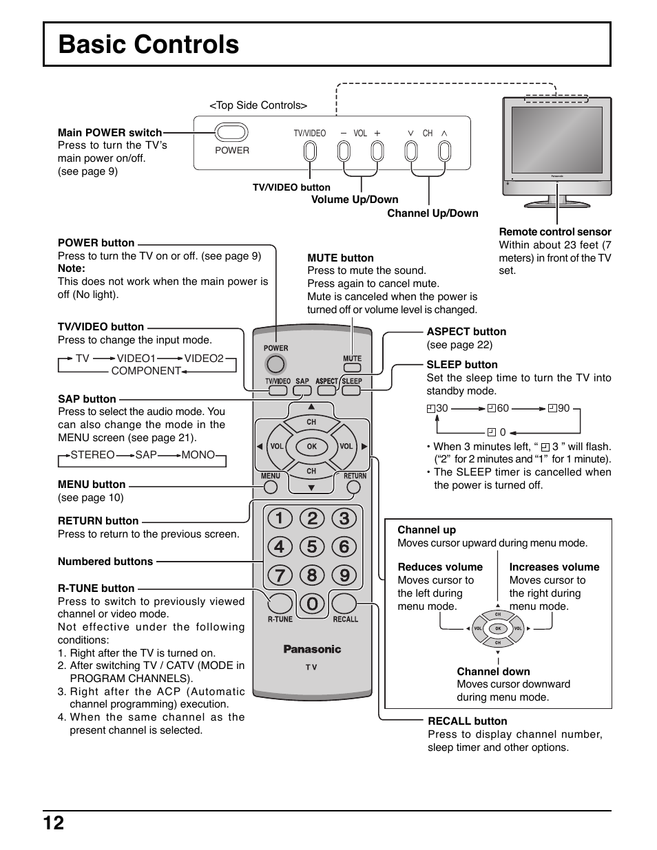Basic ontrols, Basic controls | Panasonic TC-20LE50 User Manual | Page 12 / 32