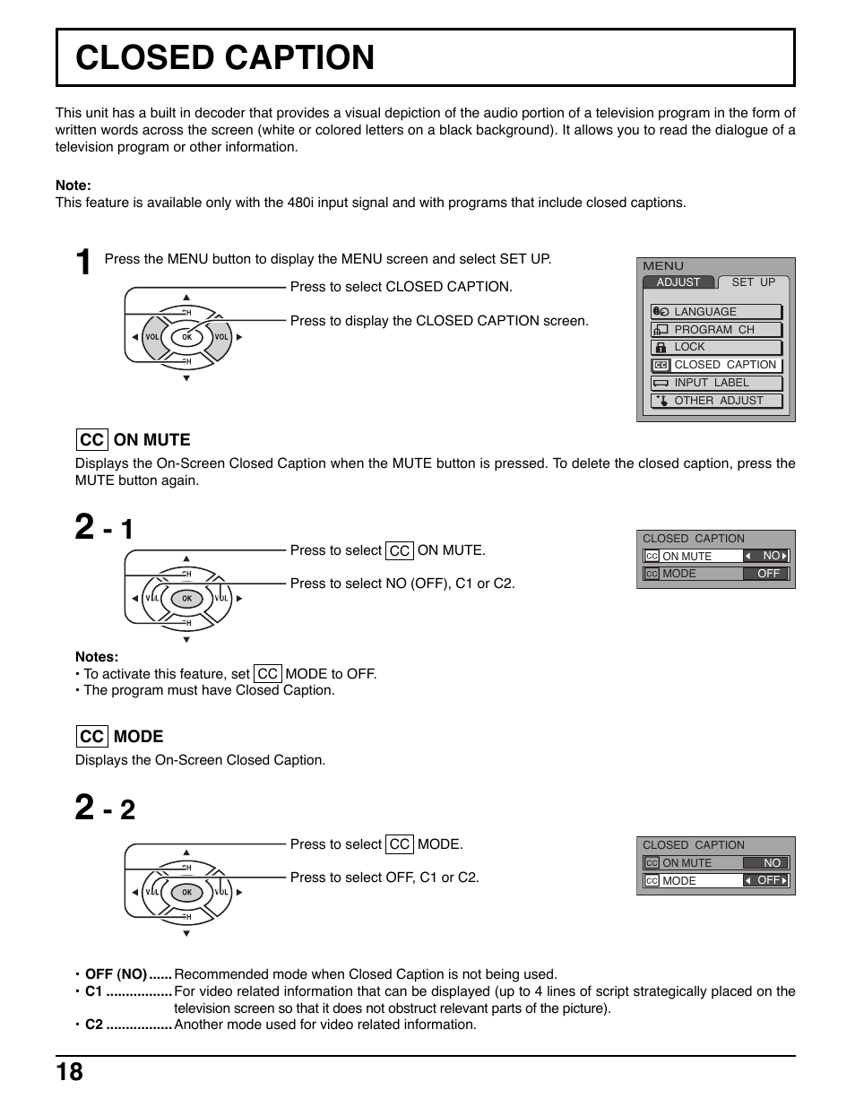 Closed caption | Panasonic TC-20LE50 User Manual | Page 18 / 32