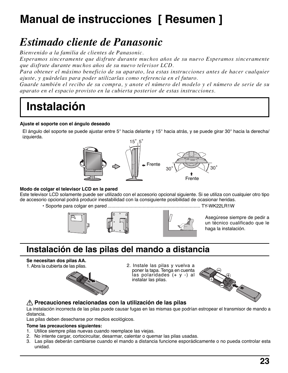 Manuel de instrucciones ( resumen ), Instalacion, Instalacion de las pilas del mando a distancia | Estimado cliente de panasonic, Manual de instrucciones [ resumen, Instalación, Instalación de las pilas del mando a distancia | Panasonic TC-20LE50 User Manual | Page 23 / 32