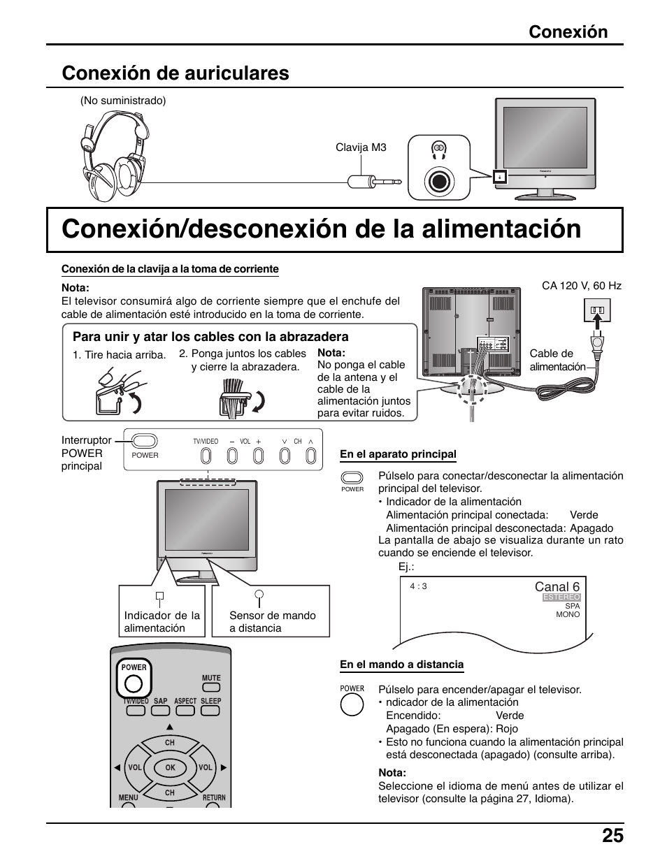 Conexion de auriculares, Conexion/desconexion de la alimentaacion, Conexión/desconexión de la alimentación | Conexión de auriculares, Conexión | Panasonic TC-20LE50 User Manual | Page 25 / 32