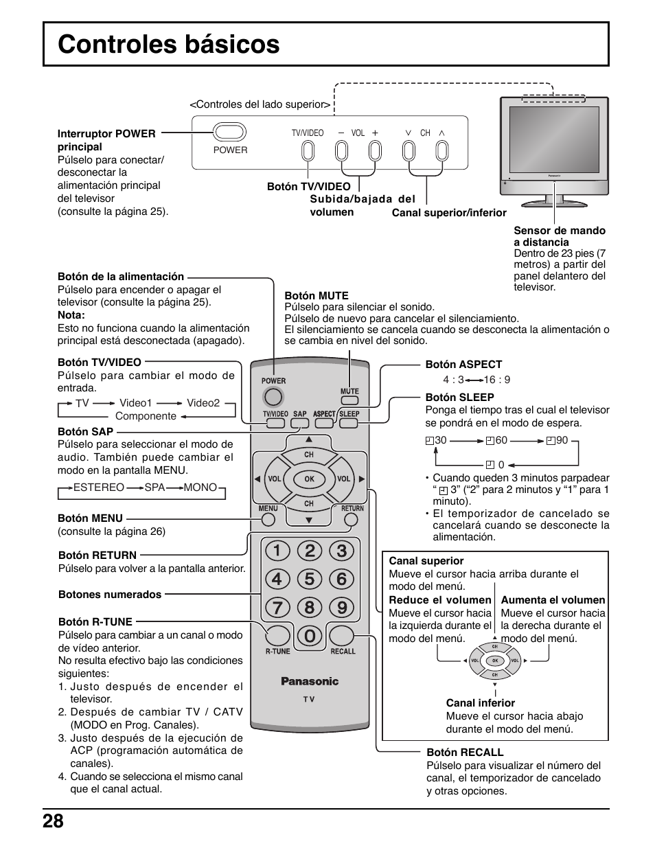 Controles basicos, Controles básicos | Panasonic TC-20LE50 User Manual | Page 28 / 32