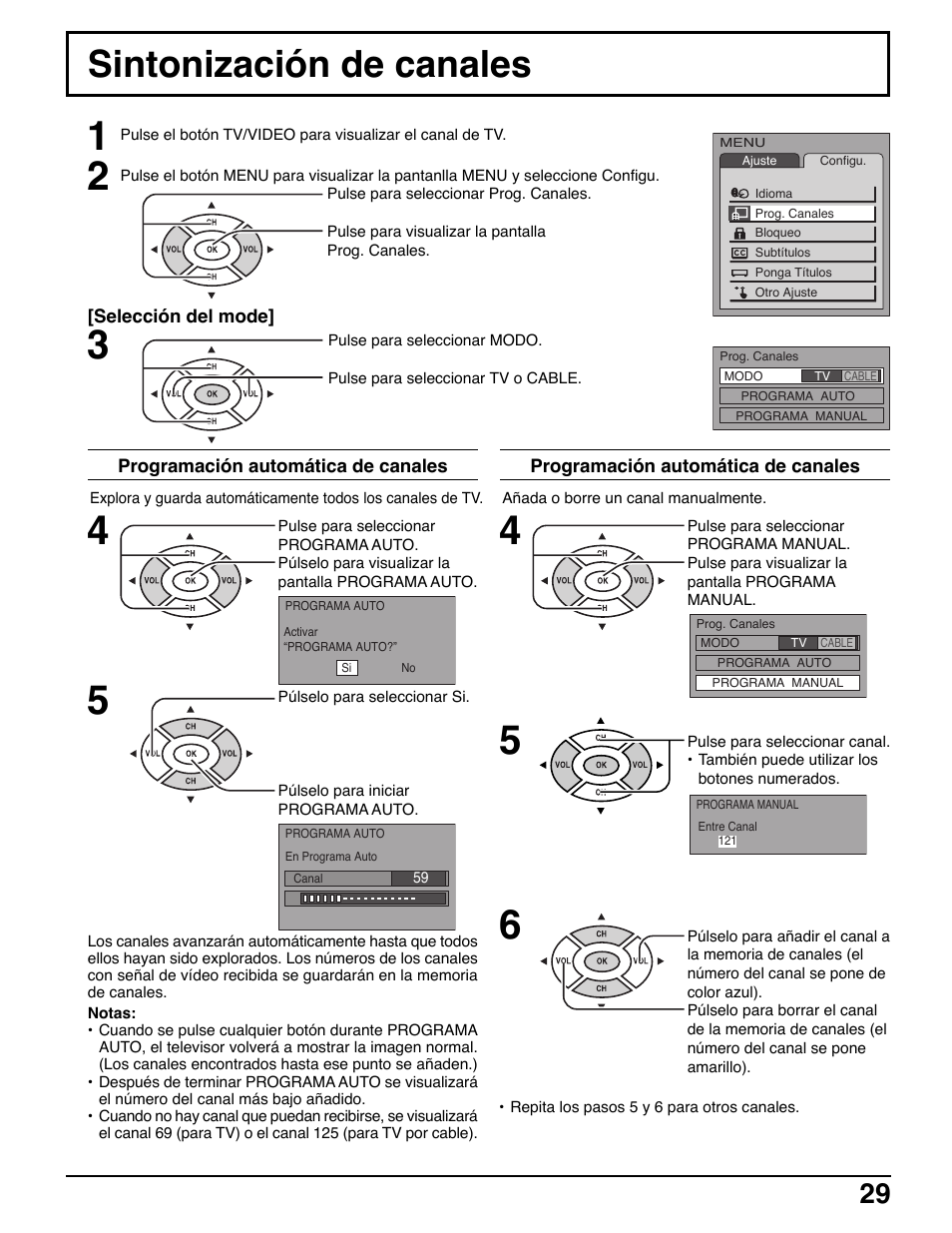Sintonizacion de canales, Sintonización de canales | Panasonic TC-20LE50 User Manual | Page 29 / 32