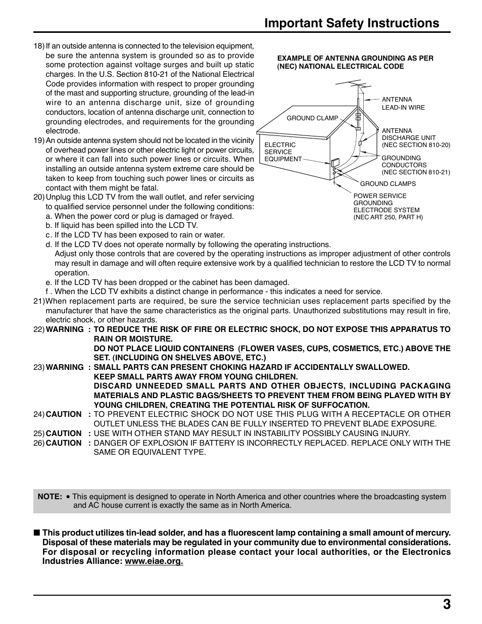 Important safety instructions | Panasonic TC-20LE50 User Manual | Page 3 / 32