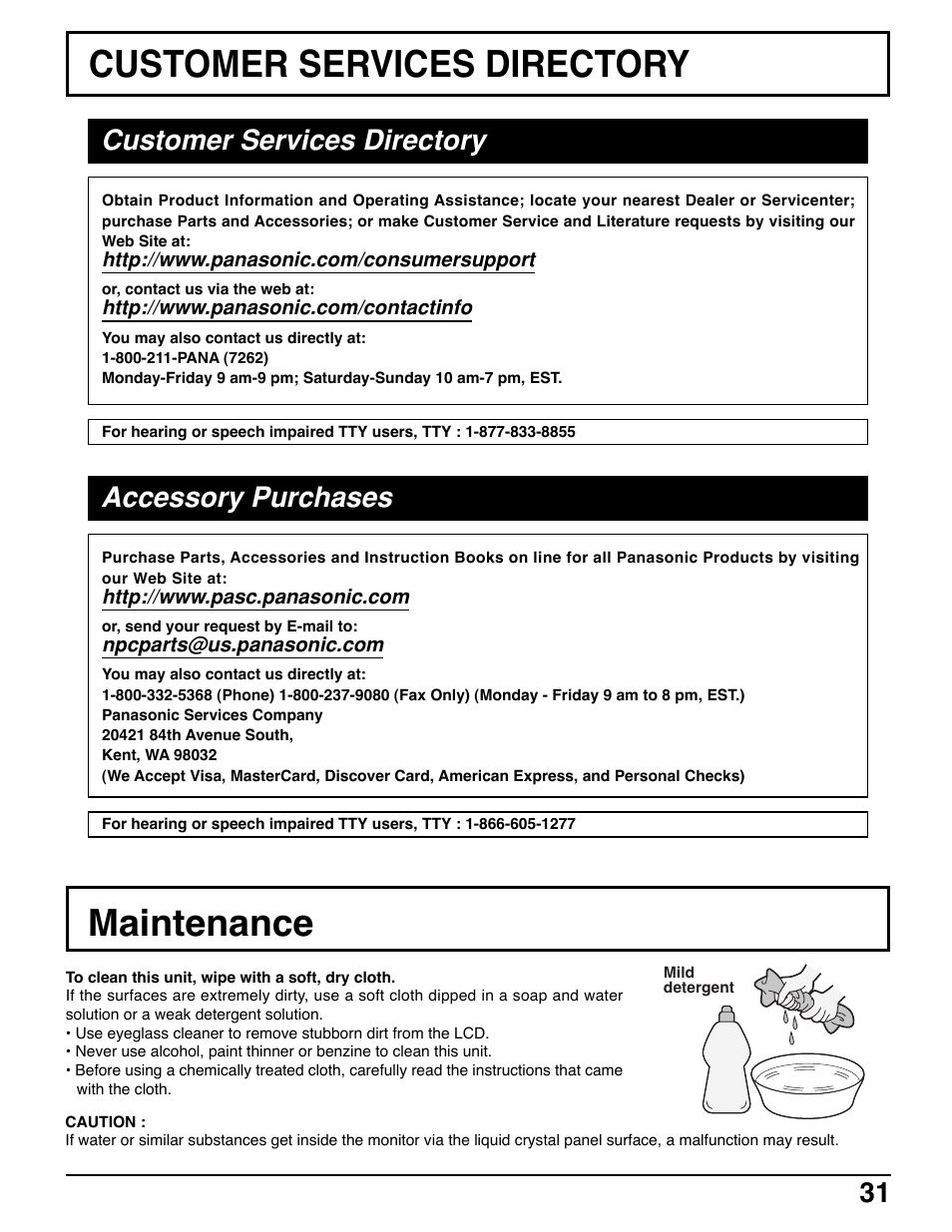 Customer services directory, Maintenance, Accessory purchases | Panasonic TC-20LE50 User Manual | Page 31 / 32