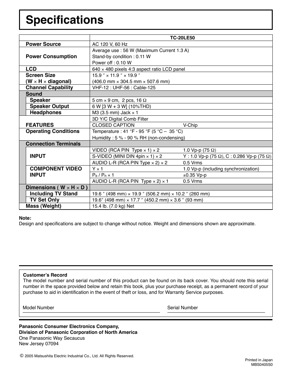 Specifications | Panasonic TC-20LE50 User Manual | Page 32 / 32