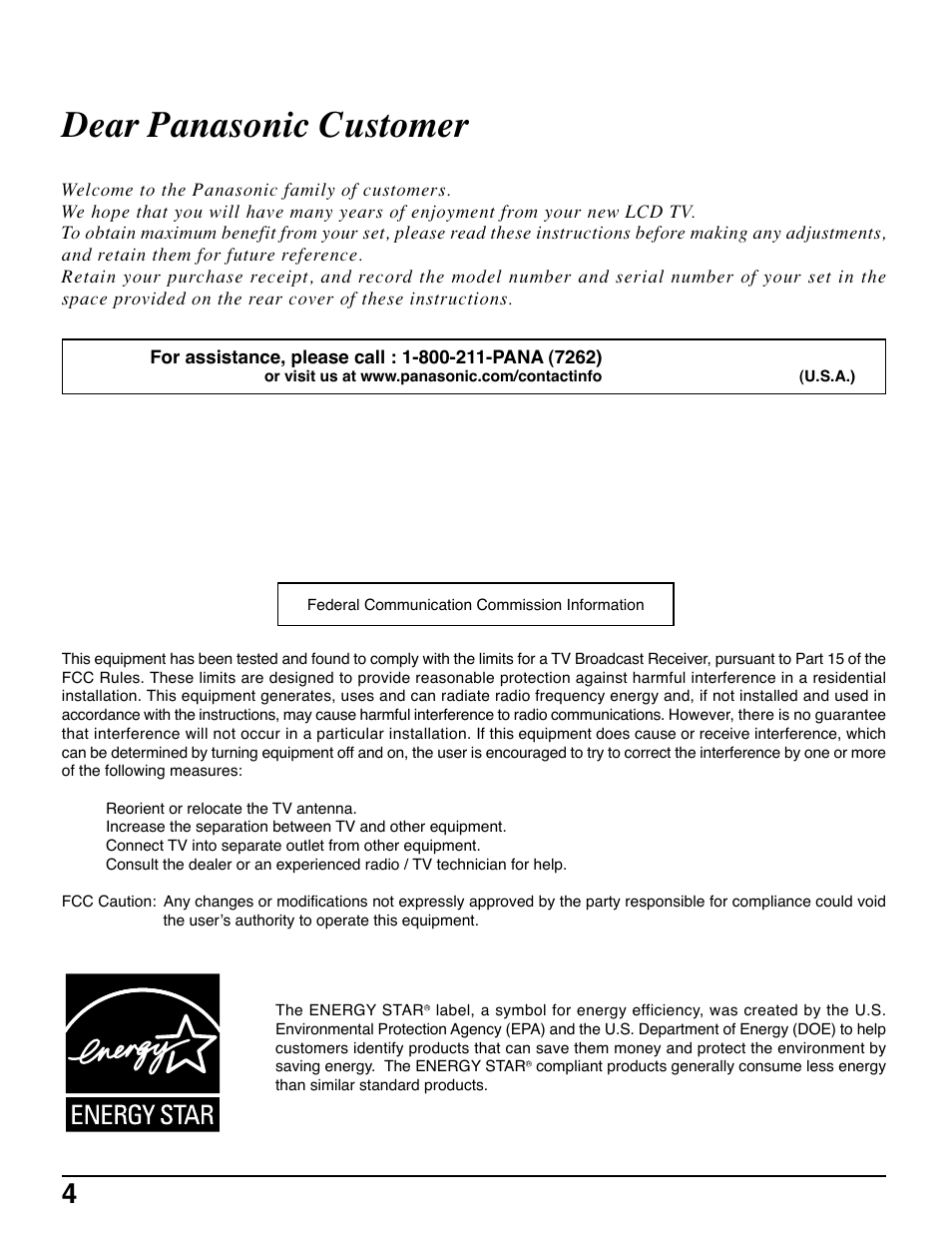 Dear panasonic customer | Panasonic TC-20LE50 User Manual | Page 4 / 32