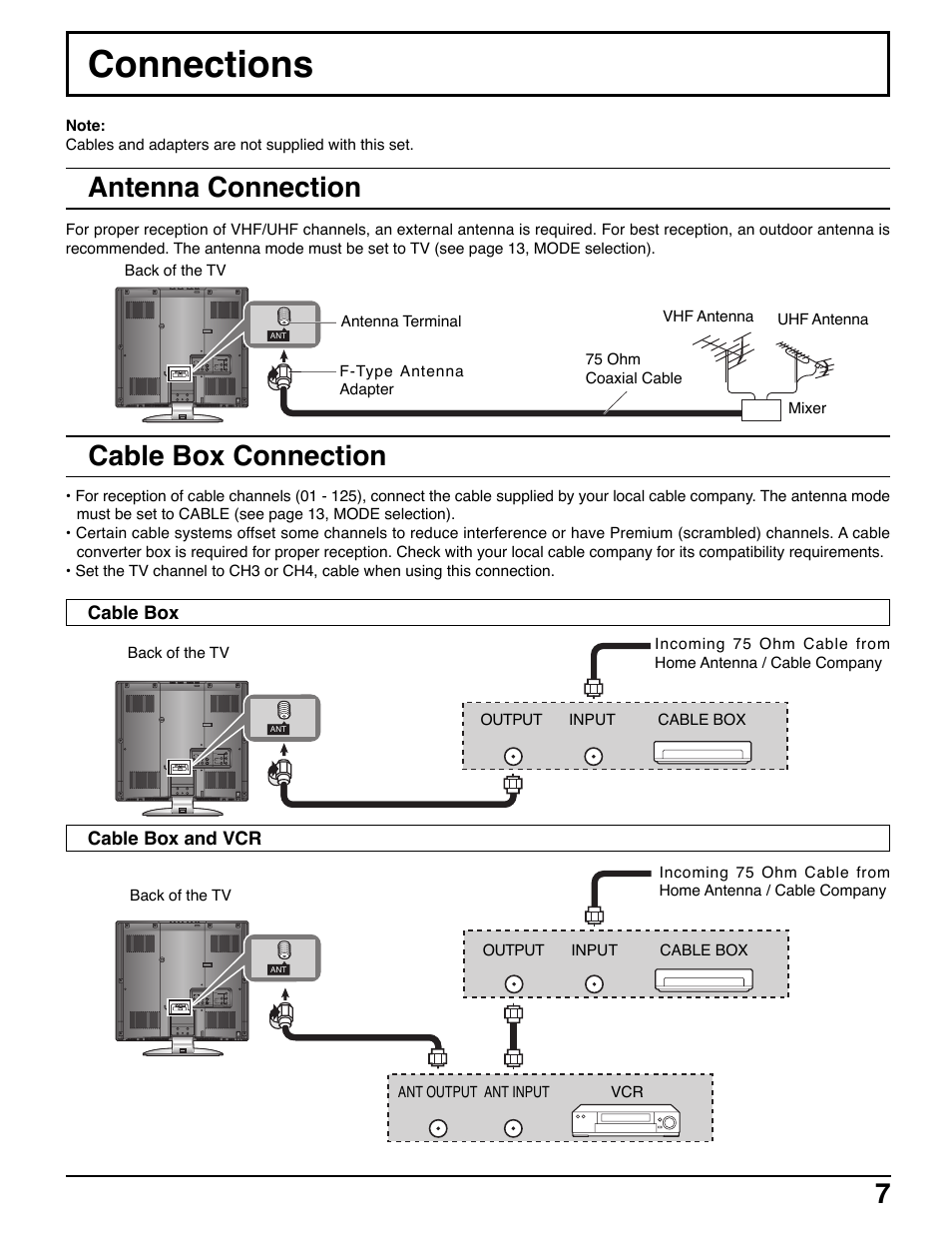Connections, Antenna connection, Cable box connection | Panasonic TC-20LE50 User Manual | Page 7 / 32