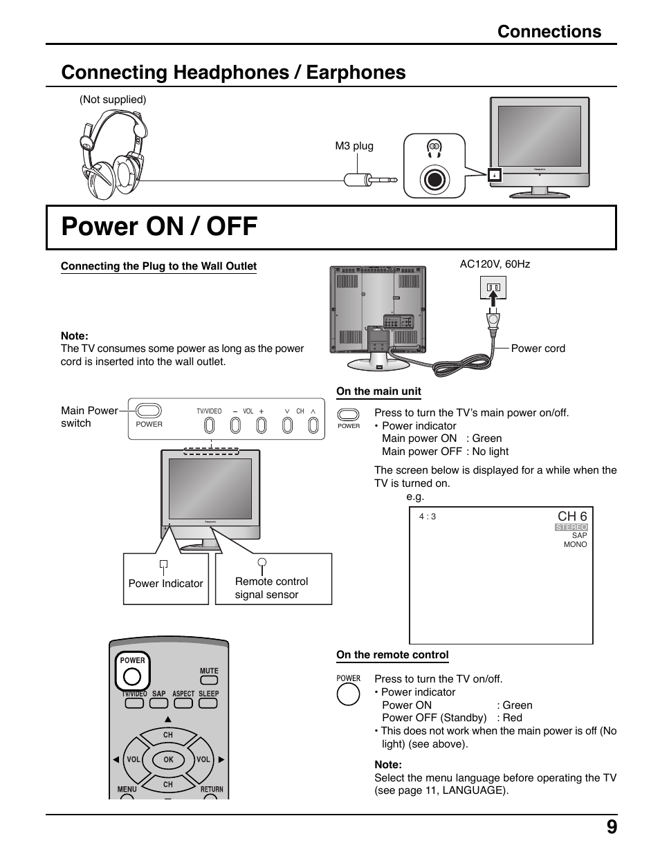 Connecting headphones / earphones, Power on / off, Connections | Panasonic TC-20LE50 User Manual | Page 9 / 32