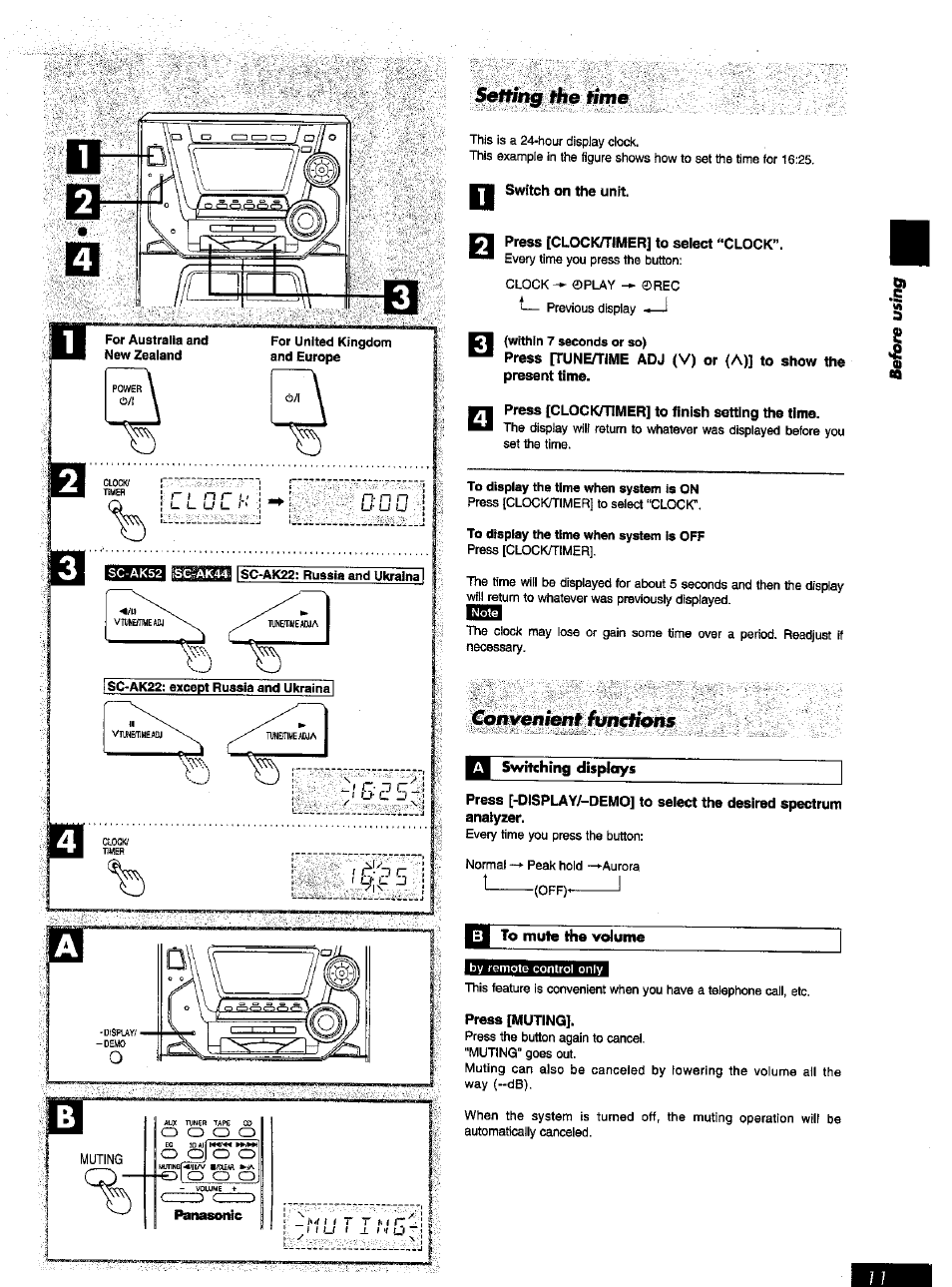Time, Switch on the unit, Press [clock/timer] to select “clock | Bbia, Press [muting, Onven¡éni functions | Panasonic SC-AK52 EN User Manual | Page 11 / 32